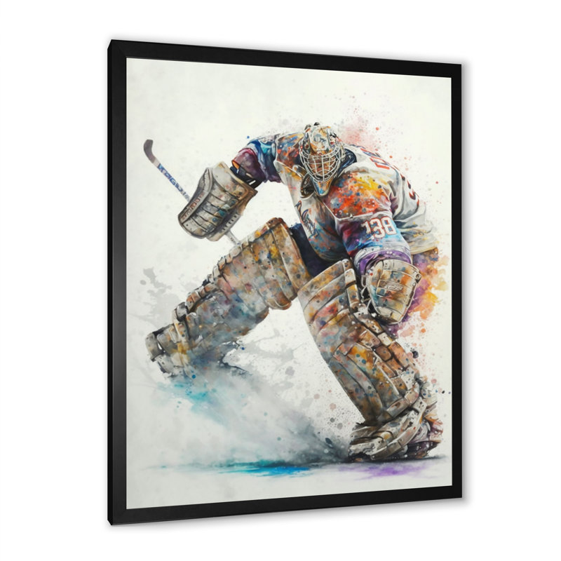 «Hockey Gardien sur glace pendant le jeu III», impression sur toile, Impression noire sur toile encadrée
