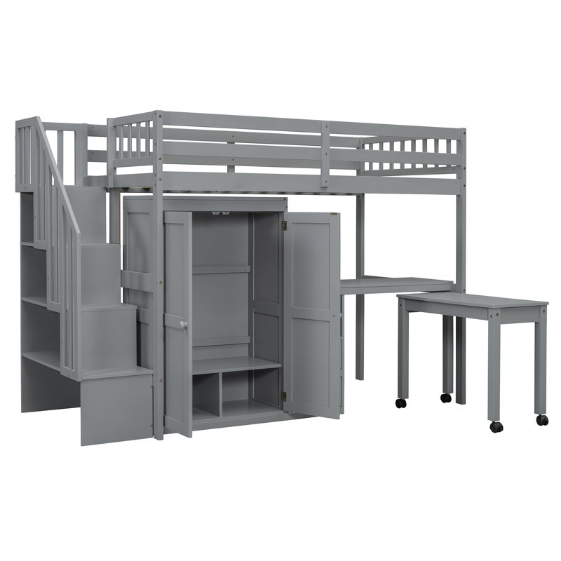 Lit mezzanine avec armoire, armoire ouverte et bibliothèque, Plein, Gris / rose