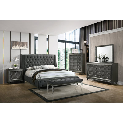 Gwyneth Gray Upholstered Panel Bedroom Set Special Queen 6 Piece: Bed, Dresser, Mirror, 2 Nightstands, Chest -  Rosdorf Park, 55155F20B23B4BDFBA0F420437E628D9