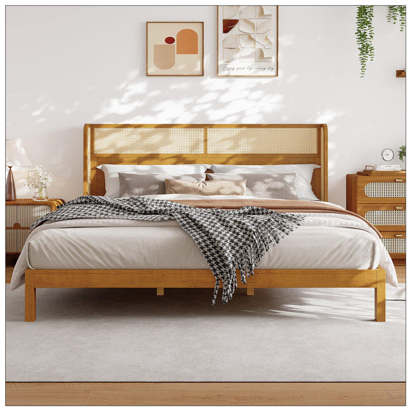 Premium Rubber Wood Platform Bed Frame, King Size with Included Headboard, Mid Century Modern Design for Elegant Bedrooms