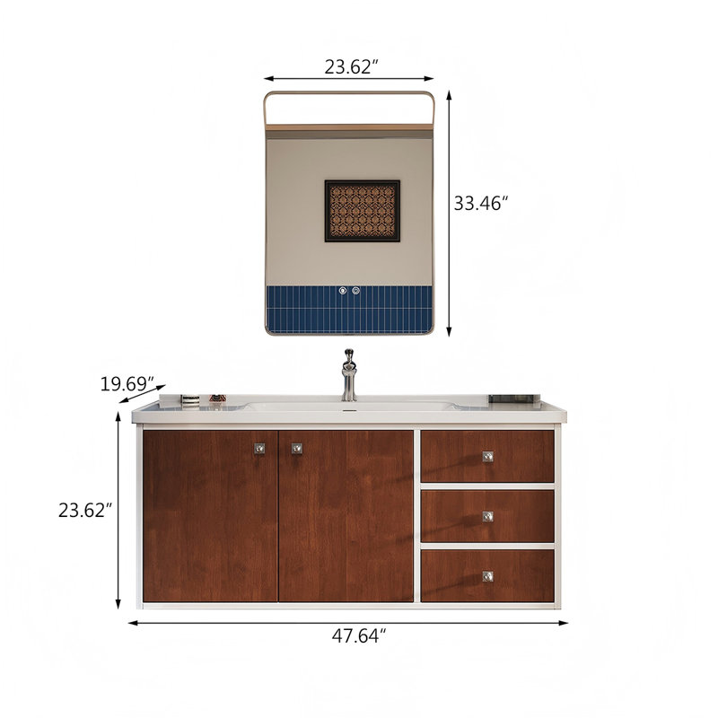 Meuble-lavabo de salle de bain en bois d'hévéa de style Mid-Century avec miroir intelligent, 19.69" H x 47.64" W x 19.69" D