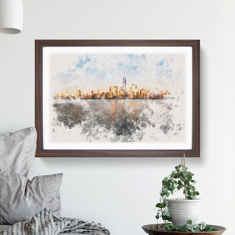 The New York Skyline - Picture Frame Painting Print, 62cm H x 87cm W x 2cm D, Walnut Framed