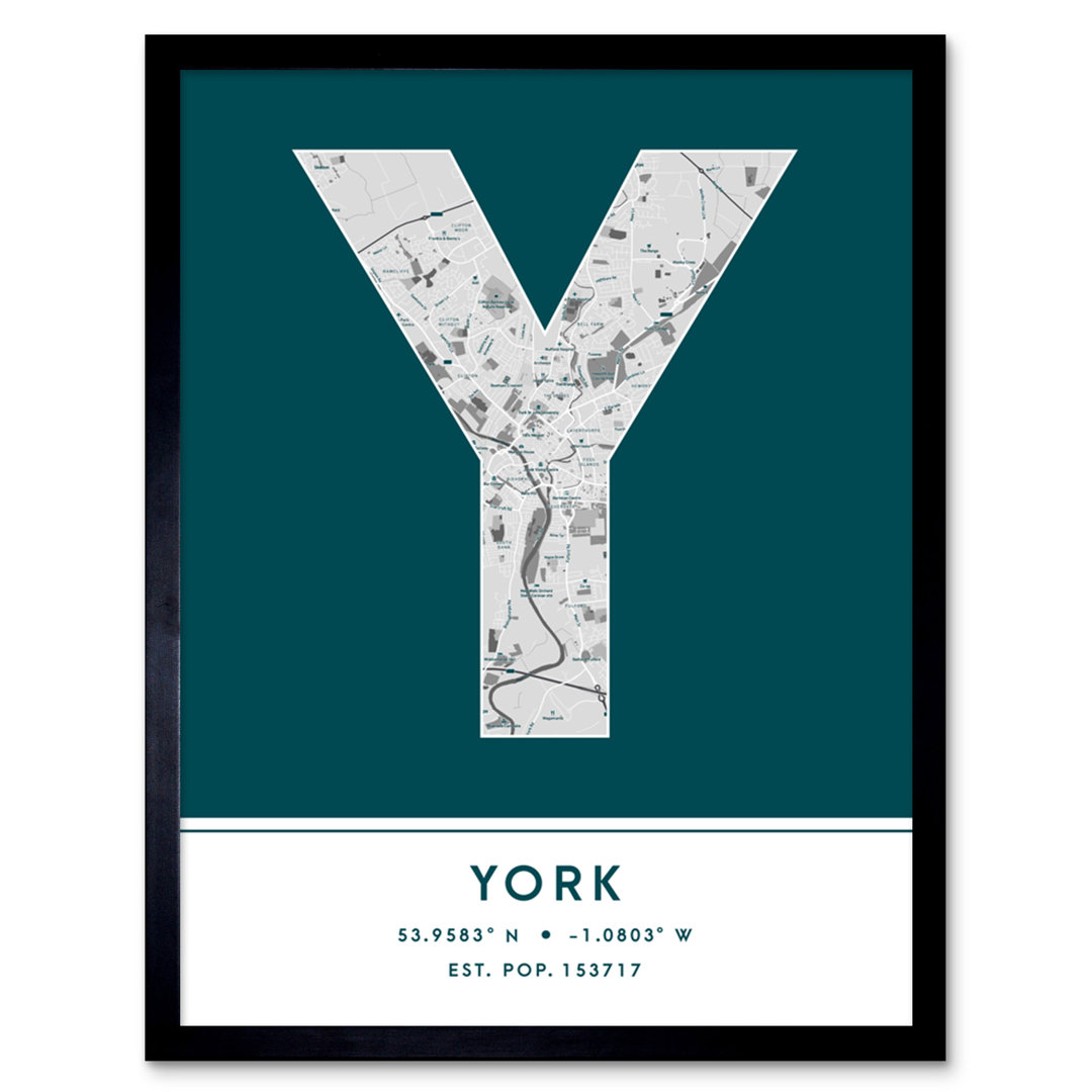 York City Map York Teal by Wee Blue Coo - Single Picture Frame Typography