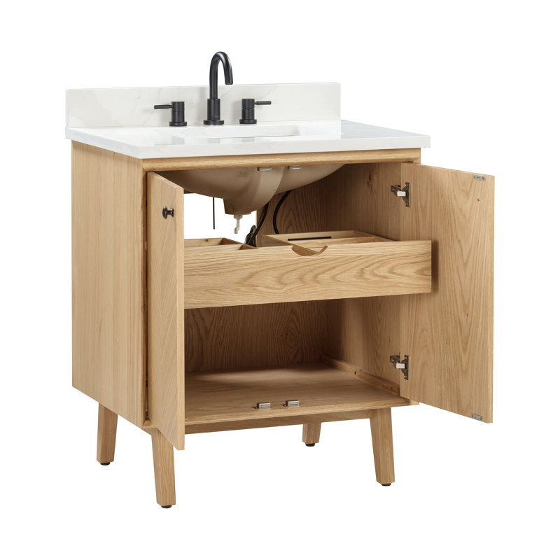 Adele 30'' Free Standing Single Bathroom Vanity with Quartz Top, Black, Natural, 73