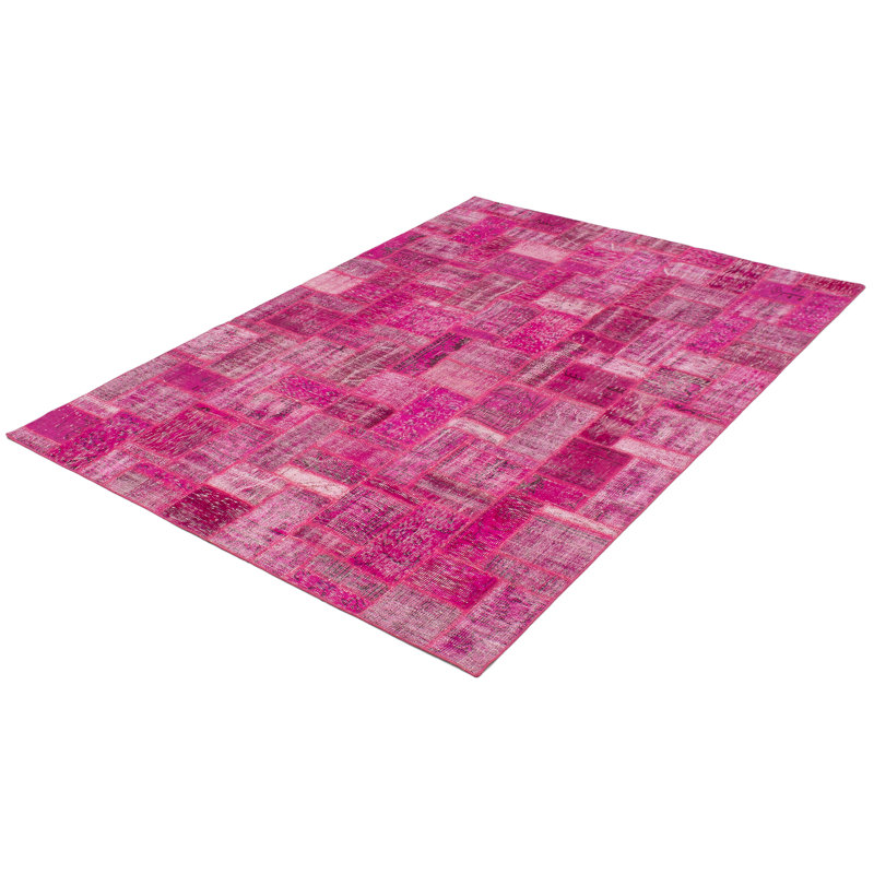 Tapis unique en laine noué à la main rose et gris 6 pi 11 po x 9 pi 9 po années 1980 Fitnat
