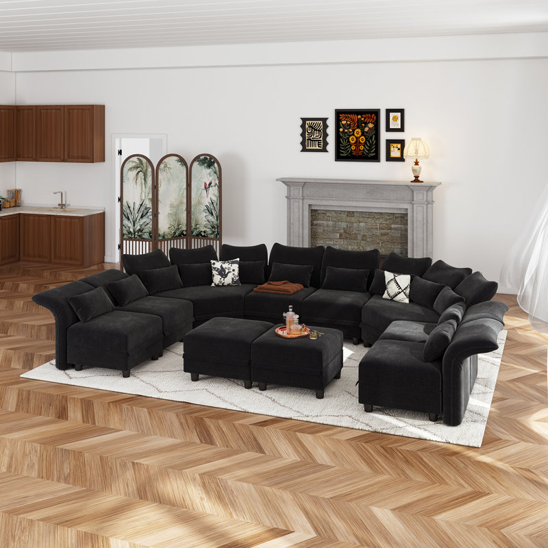 Ahren Upholstered Reclining Curved Sectional, Black Chenille