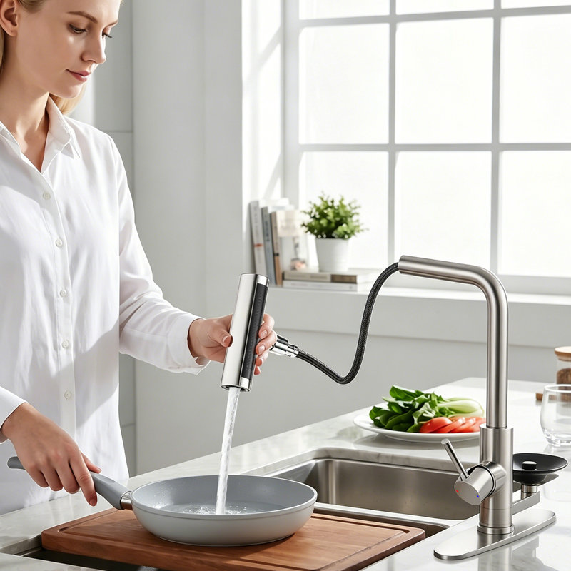 Brushed Nickel Pull Down Kitchen Faucet With Integrated Glass Rinser And Waterfall Mode, Brushed Nickel