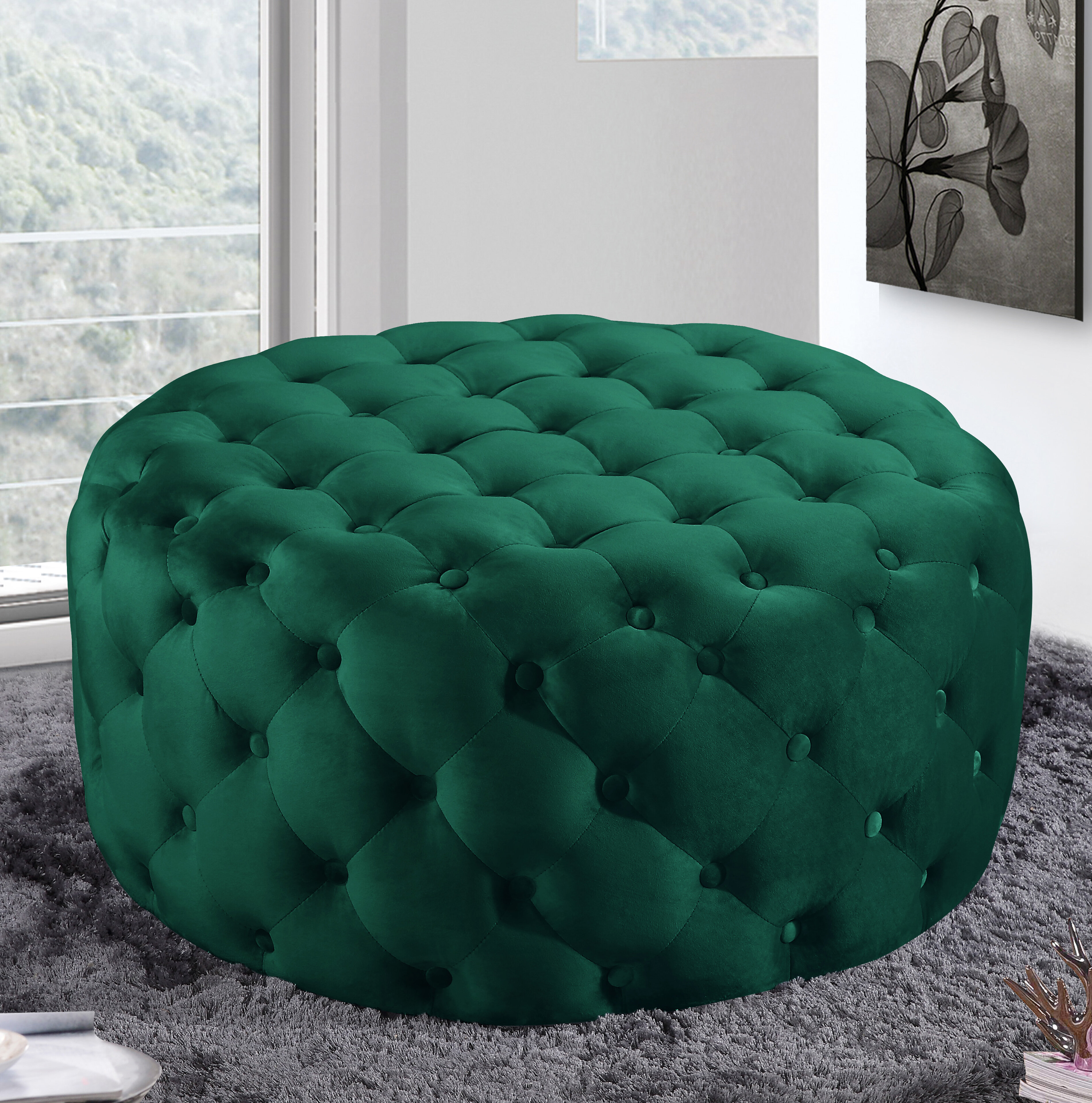 Round Pouf Ottoman in Vinyl Green Clean Designs Kansas City
