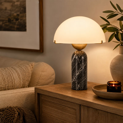 Lampe de table champignon en travertin naturel 14,5 po, abat-jour dôme en verre givré, lampe de chevet moderne de style Mid-Century pour la chambre à coucher et le salon
