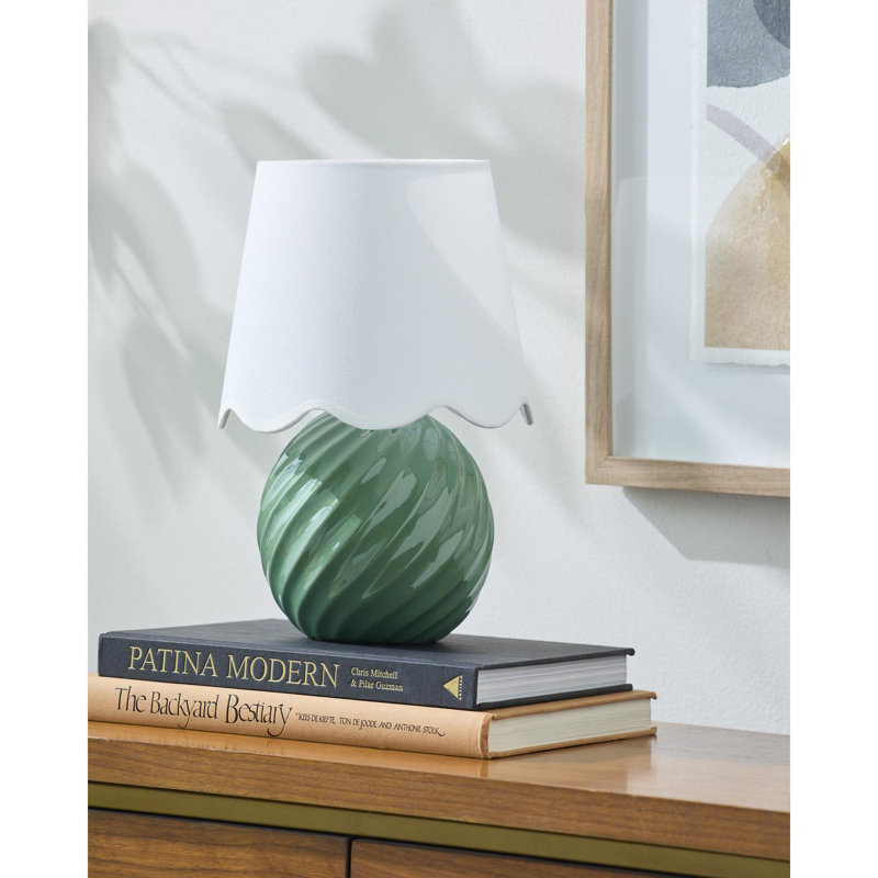 Wyatan Table Lamp, Dark Green, White Linen