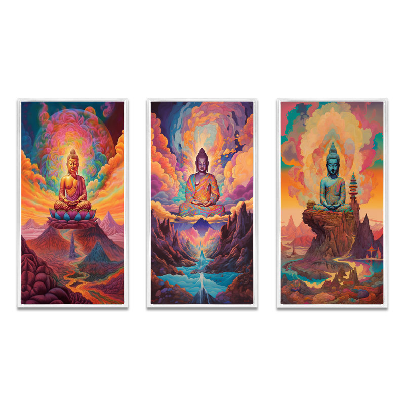 "Bouddha psychédélique dans les montagnes III", 3 pièces sur toile, Cadre blanc, H 36 po x l 20 po
