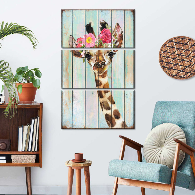 Girafe, couronne florale sur toile 3 pièces par Daisy A, H 38 po x l 24 po x P 1,25 po