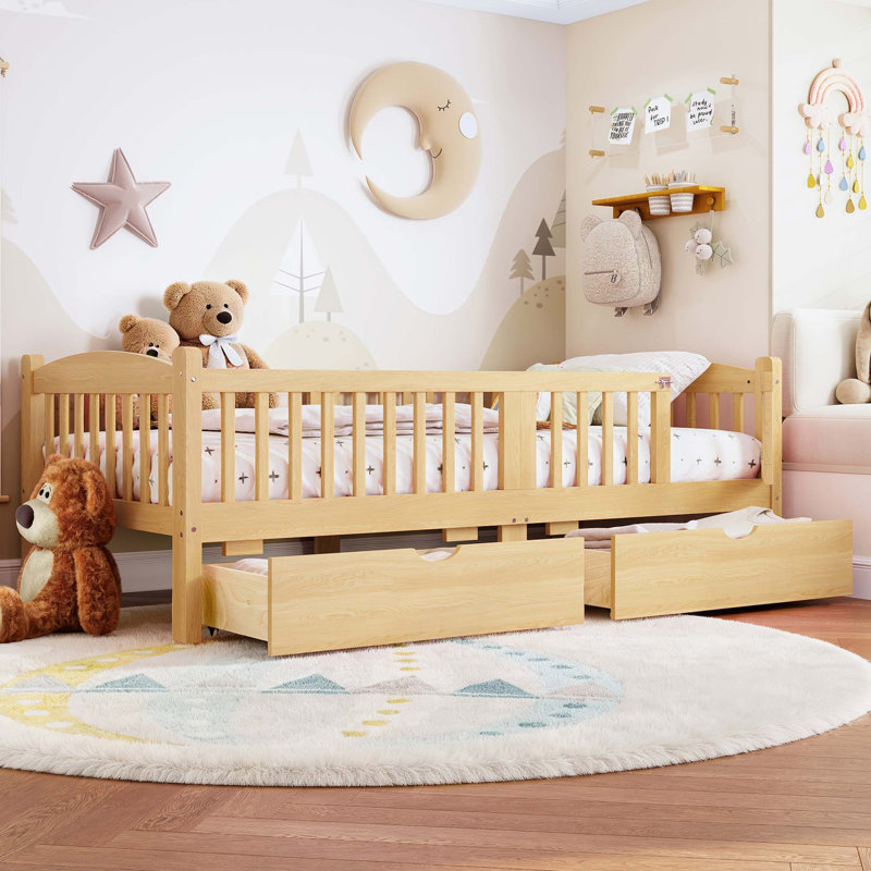 Lit plateforme sécuritaire pour enfants avec garde-corps complets et rangement sous le lit, Twin, Naturel