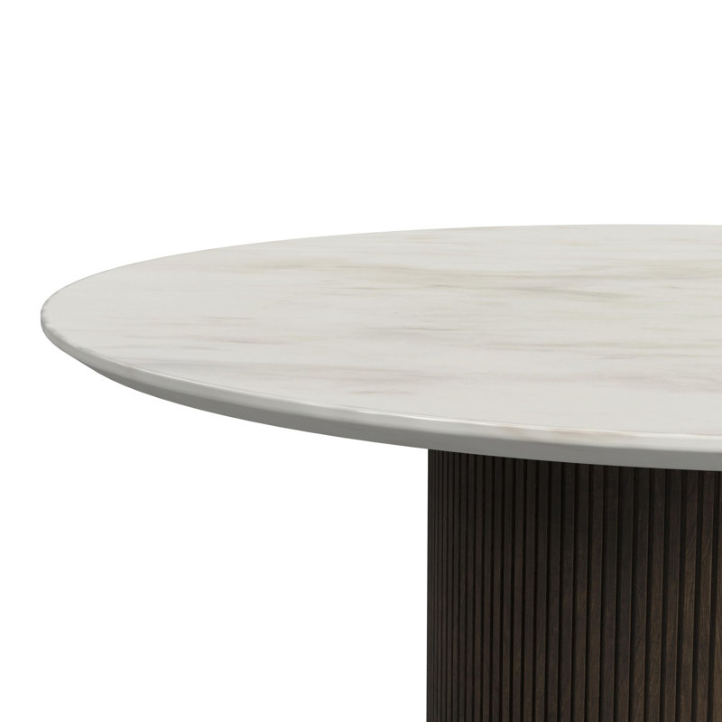 Adelyte Round End Table With White Faux Marble Top And Base In Dark Brown
