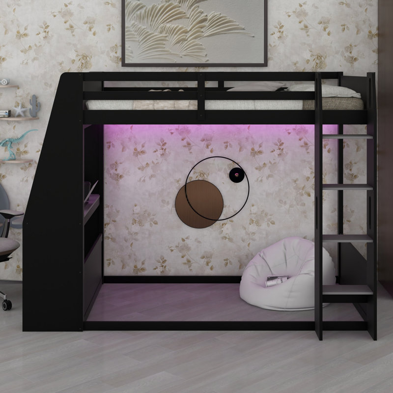 Lit superposé multifonctionnel avec bureau, rangement, ports USB et lumières DEL, noir + gris