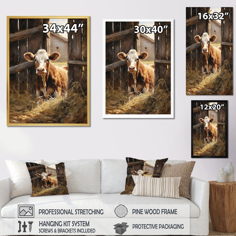 «Cherrill Cow Rustic Charm II», reproduction sur toile encadrée, Encadrement doré, H 44 po x l 34 po x P 1,5 po