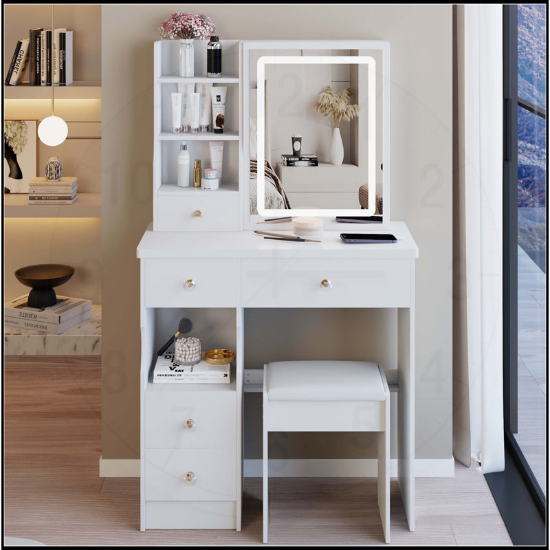 Table de coiffeuse compacte avec miroir à DEL de pointe et grand espace de rangement, Blanc