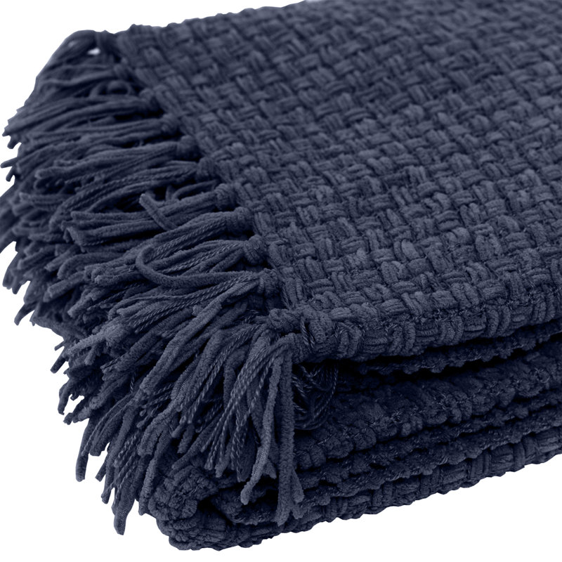 Chenille Hand Woven Throw Blanket, Navy
