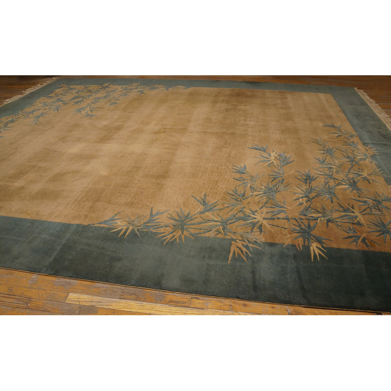 Antique Art Deco Chinese Floral Green, Ivory Beige Cream White 1920s Rug