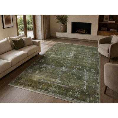 Tapis en soie noué à la main vert olive 6 x 9 pi