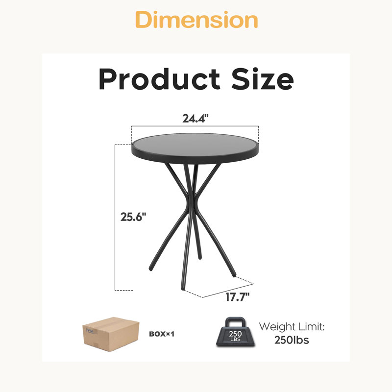 Table d'appoint en verre trempé carré de 24 po, structure en fer, assemblage facile en 10 minutes, utilisation à l'intérieur ou à l'extérieur sur un petit patio