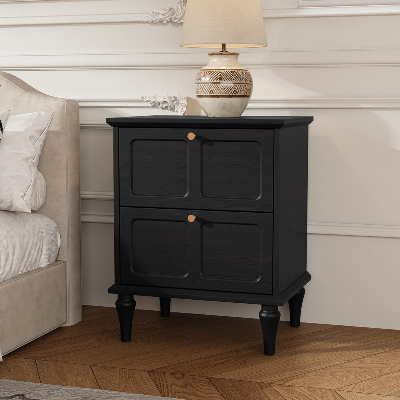 Mid-Century Modern Nightstands with 2 Drawers, Wood End Table (Set of 2), Black