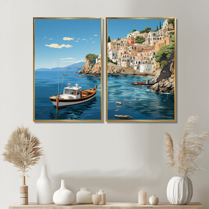 Art mural sur toile bleu Capri, 36" H x 48" W, Impression encadrée flottante, Gold