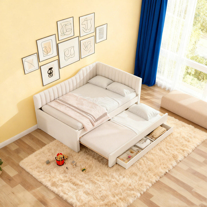 Upholstered Daybed with Trundle and Three Drawers, Beige