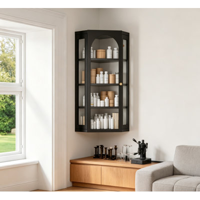 Bathroom Corner Wall Cabinet Metal Glass Doors Shelves Black
