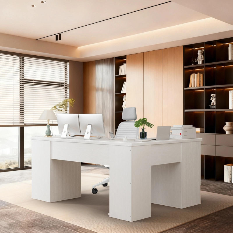 Bureau de direction en L avec prises intégrées, bureau de 66 pouces avec tiroirs, blanc, Blanc