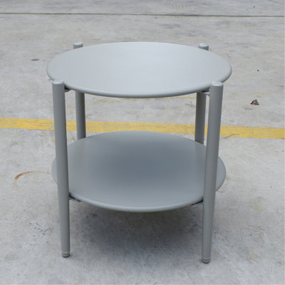 Modern Round Outdoor Coffee Table, 2-Tier Patio Accent Table with Hand-Woven Rope Shelf, Sturdy Gray Powder-Coated Metal Frame, Low Cocktail Table for Garden, Balcony, and Poolside