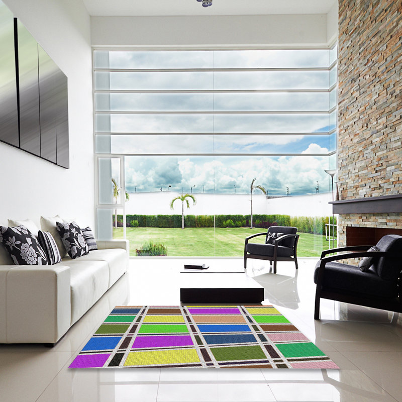 Tapis rose/bleu/jaune à motif, Carré 4 pi