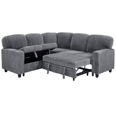 Lshaped Sectional Sofa Bed With Pullout Bed & Storage, 5Seat Sleeper Couch With USB Charging, Convertible Design For Living Room, Apartment, Corduroy Fabric, Grey