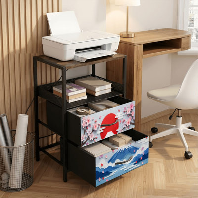 Table de chevet 2 tiroirs avec station de charge, table de chevet pour chambre à coucher avec ports USB, tablette ouverte noire, table de chevet avec impression de style Mont Rouge sur fond rouge