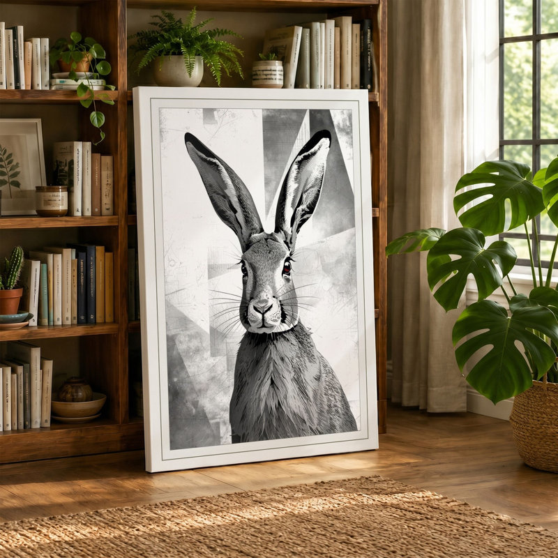 Hare in Ink Japandi - Wrapped Canvas, 30x20 - 76.2 x 50.8 cm, Cream Border