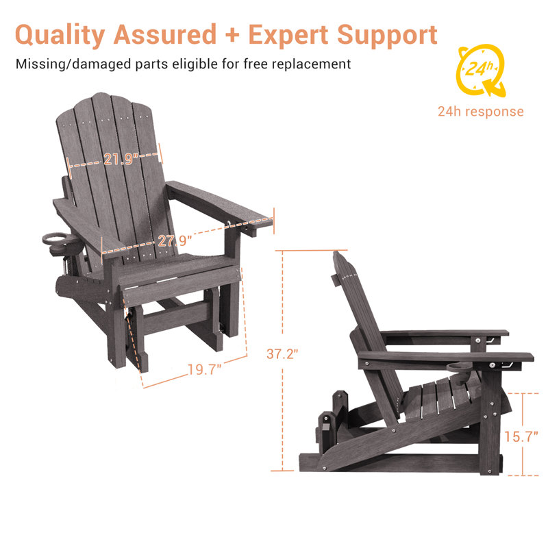 HDPE Glider Adirondack Chair, Wood-Like Glider Rocking Chair, 3-Position Adjustable Fire Pit Chair with Cup Holder for Lawn, Deck, & Poolside