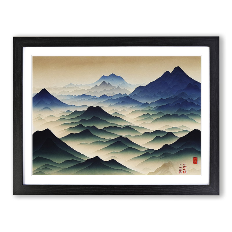 Watercolour Japanese Mountains Vol.1 - Single Picture Frame Print, Black, 46cm H x 64cm W x 2cm D