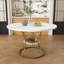 Table de salle à manger ronde extensible pour 4 à 6 personnes, de style campagnard avec tablette de rangement, base en métal doré et placage de marbre, qui s'étend de 43 à 59 pouces