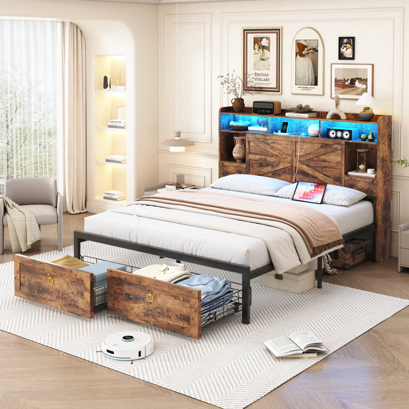 Modern Farmhouse Storage Bed with LED Lights and USB Charging, Platform Bed Frame with Storage Drawers, No Box Spring Needed