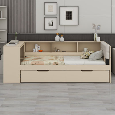 Platform Bed With Storage Shelves, Drawers, Charging Station And Upholstered Headboard by Lark Manor