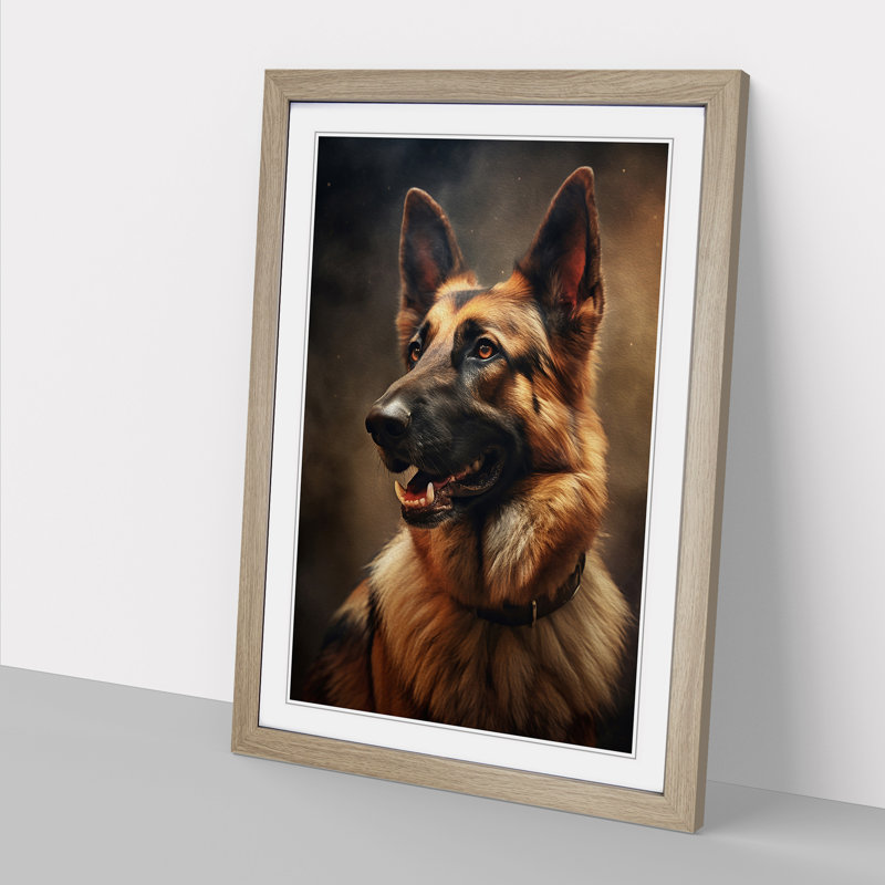 German Shepherd Romanticism - Framed Print, 34cm H x 25cm W x 2cm D, Oak
