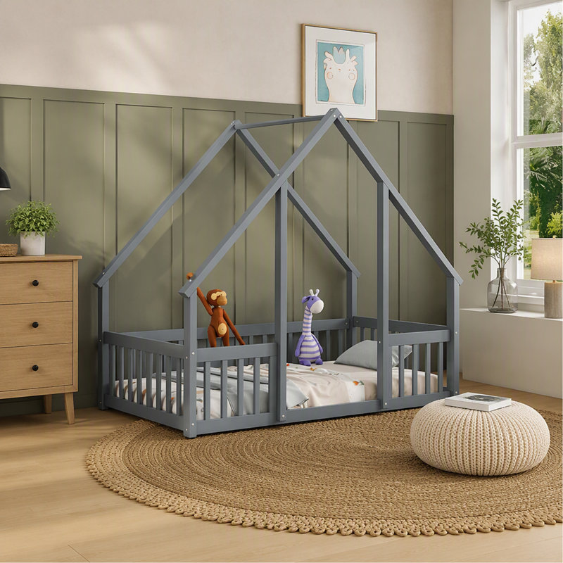 Lit simple en bois en forme de maison avec clôture, garde-corps, gris, Twin, Gris