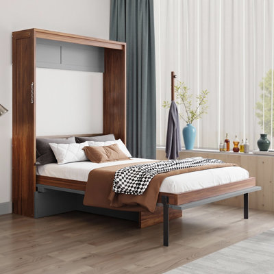 Lit escamotable double avec bureau pliable - Lit mural peu encombrant avec système de levage hydraulique, structure moderne en bois à deux tons (capacité de 500 lb)