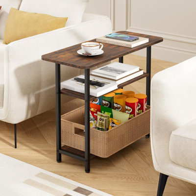 3-Tier Industrial Kurt With Metal Frame - Narrow End Table For Couch & Recliner, Adjustable Feet For Living Room, Bedroom & Small Spaces