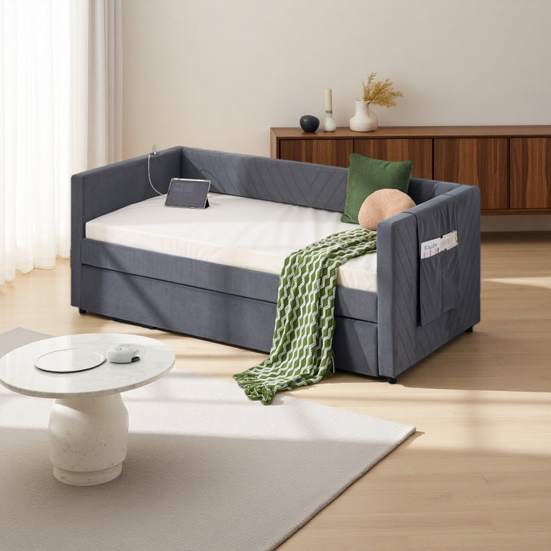 Twin Size Upholstered Daybed With Trundle,USB Port ,Side Pockets, Modern V-Grained Backrest Design,No Box Spring Needed, For Bedroom, Guest Room