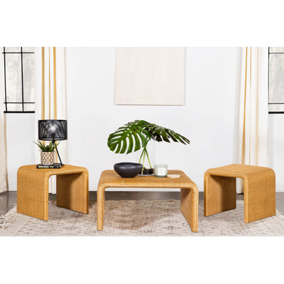Deloma 3-Piece Woven Rattan Coffee Table Set with 2 End Tables, Natural