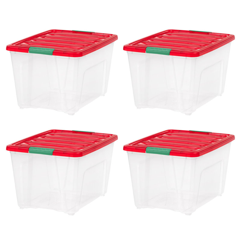 IRIS 54 Qt. Boîte de rangement des Fêtes avec boucle transparente, corps transparent avec couvercle rouge et boucles vertes Elf (paquet de 4)