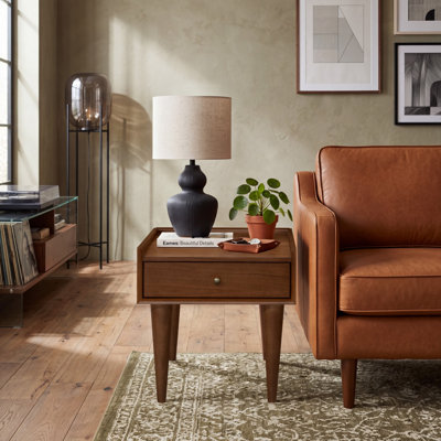 Mid-Century Sutton Walnut Side Table with Built-In USB Charging (Fully Assembled)