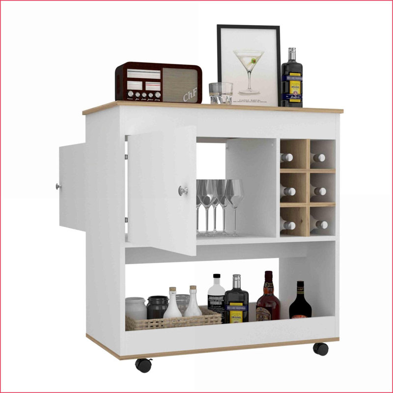 Bar Cart - Light Oak &amp; Off-White with Six Bottle Cubbies, Cabinet &amp; Caster Wheels | Modern | Rectangular