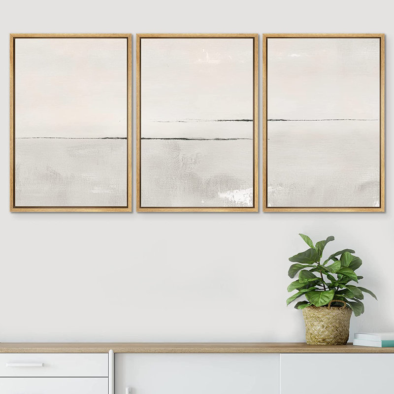 Modern Large Duotone Pastel Minimalist Landscape Subtle Wall Art Framed Canvas 3 Pieces Print, 24" H x 48" W, Natural